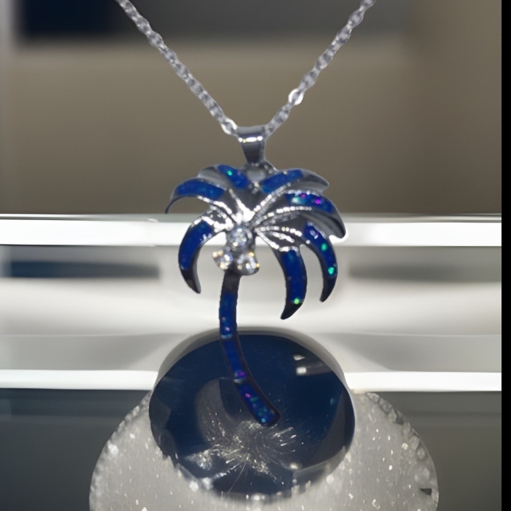 Beach Blue Opal Palm 🌴 3 Diamond Pendant On A Stamped S925 Necklace